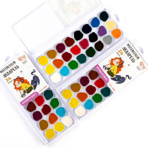 Rosa Kids Set Of Watercolor Paints Cats With a Girl, 24 Colors, Without a Brush