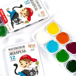 Rosa Kids Set Of Watercolor Paints Cats With a Boy, 12 Colors, Without a Brush